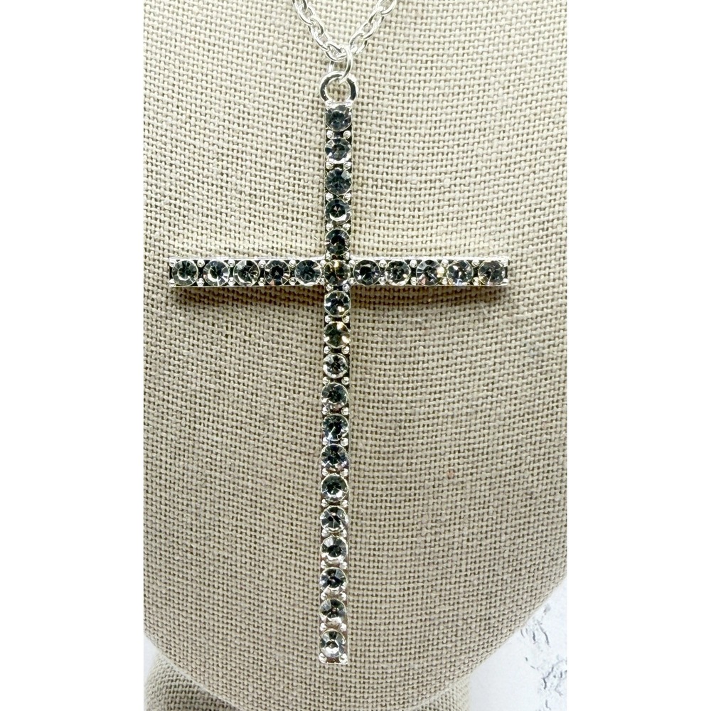Silver Tone Rhinestone Cross Necklace 18-20" Chain Statement Pendant